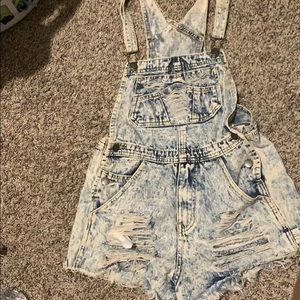Distressed jean overalls/romper